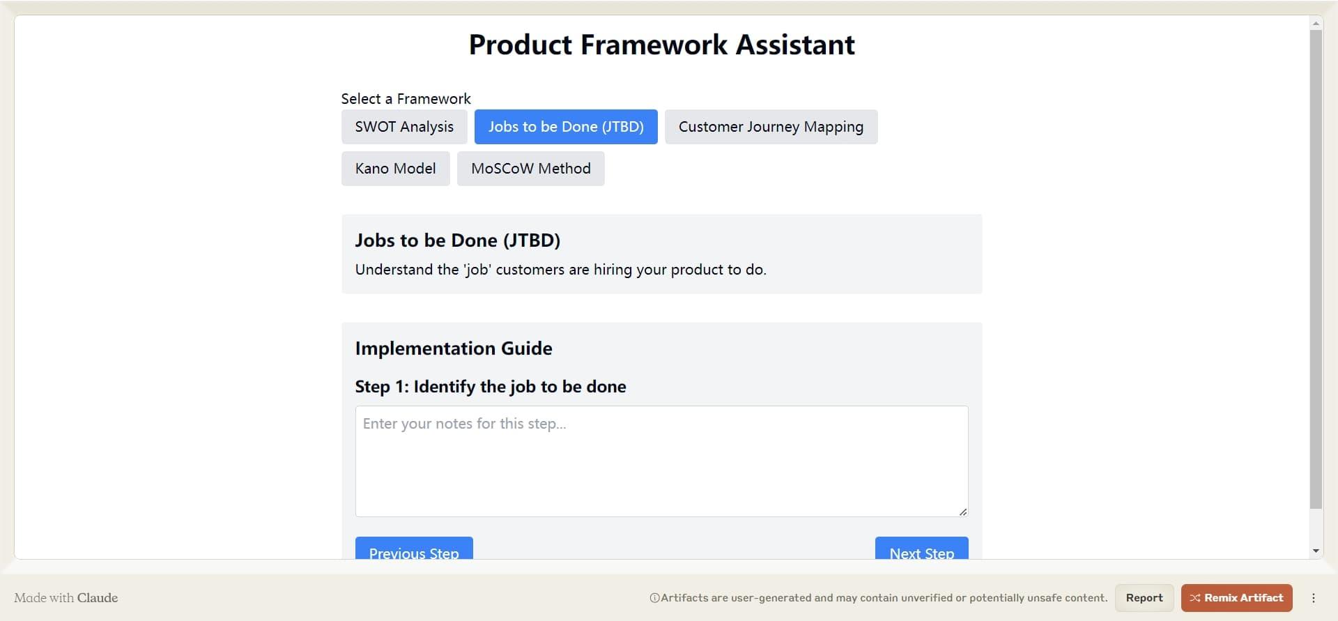 Product Framework Assistant - Claude Artifacts